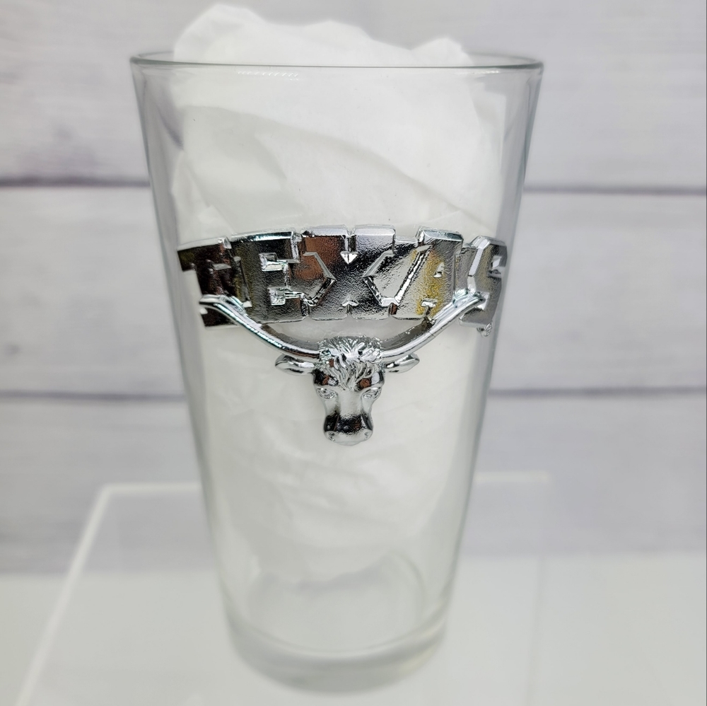 Texas Longhorn Bull Glass Pint Beer Mug with Silver Metal Accent.